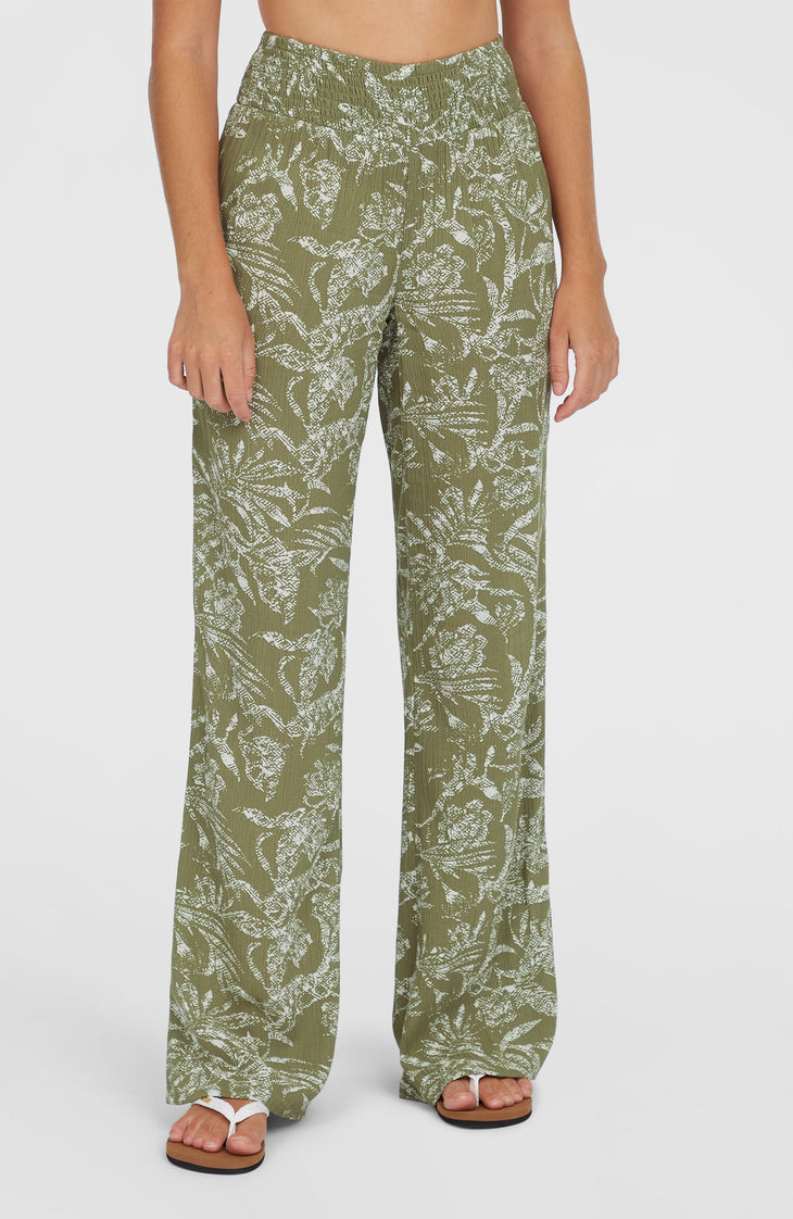 Johnny Smocked Waist Hose | Green Textured Jungle