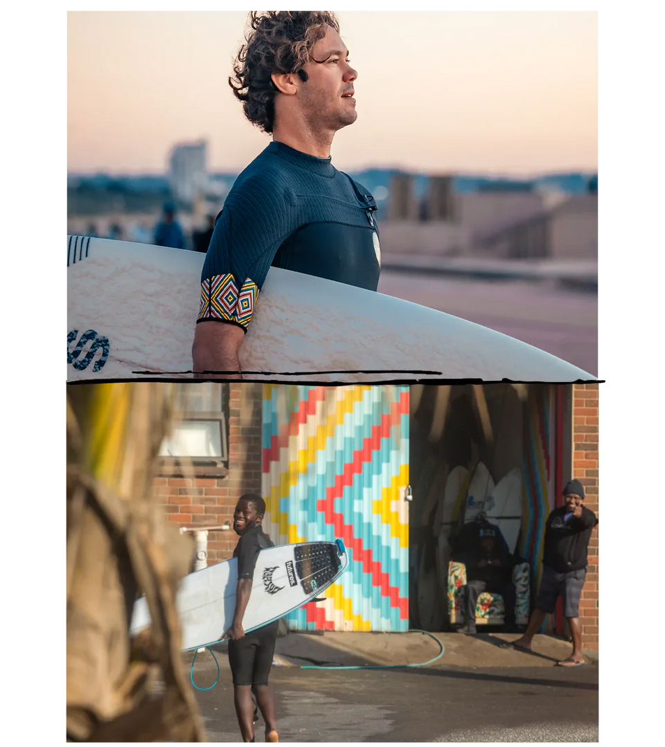 Die SNSC-Kollektion hat Streifen in kräftigen Farben, die vom Türdesign der legendären SNSC-Zentrale inspiriert sind. Es wurde von den Kindern des Programms unter der Leitung eines Mitunterstützers und Künstlers aus Durban, Mook Lion, gemalt.