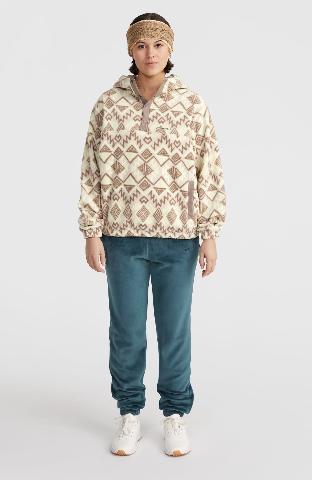 Superfleece Hoodie mit Halbreißverschluss | Grey Retro Ikat