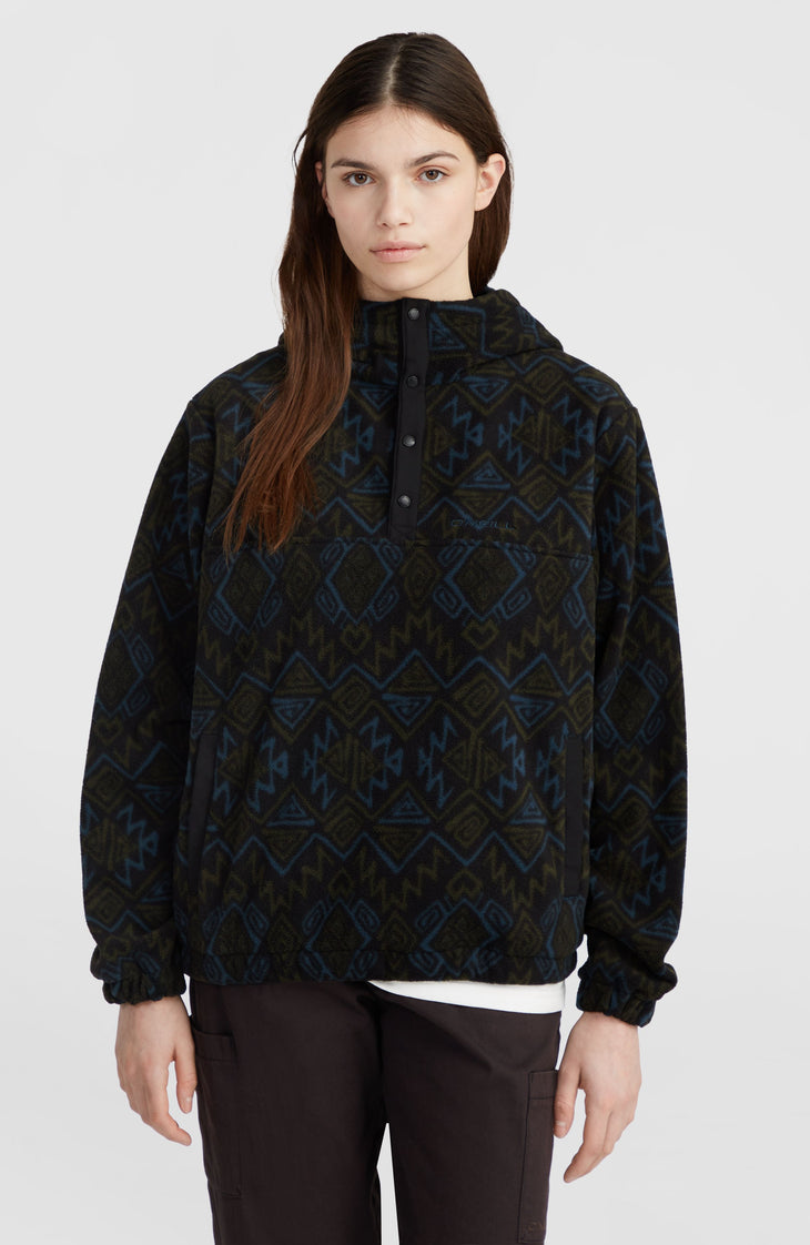 Superfleece Hoodie mit Halbreißverschluss | Black Retro Ikat
