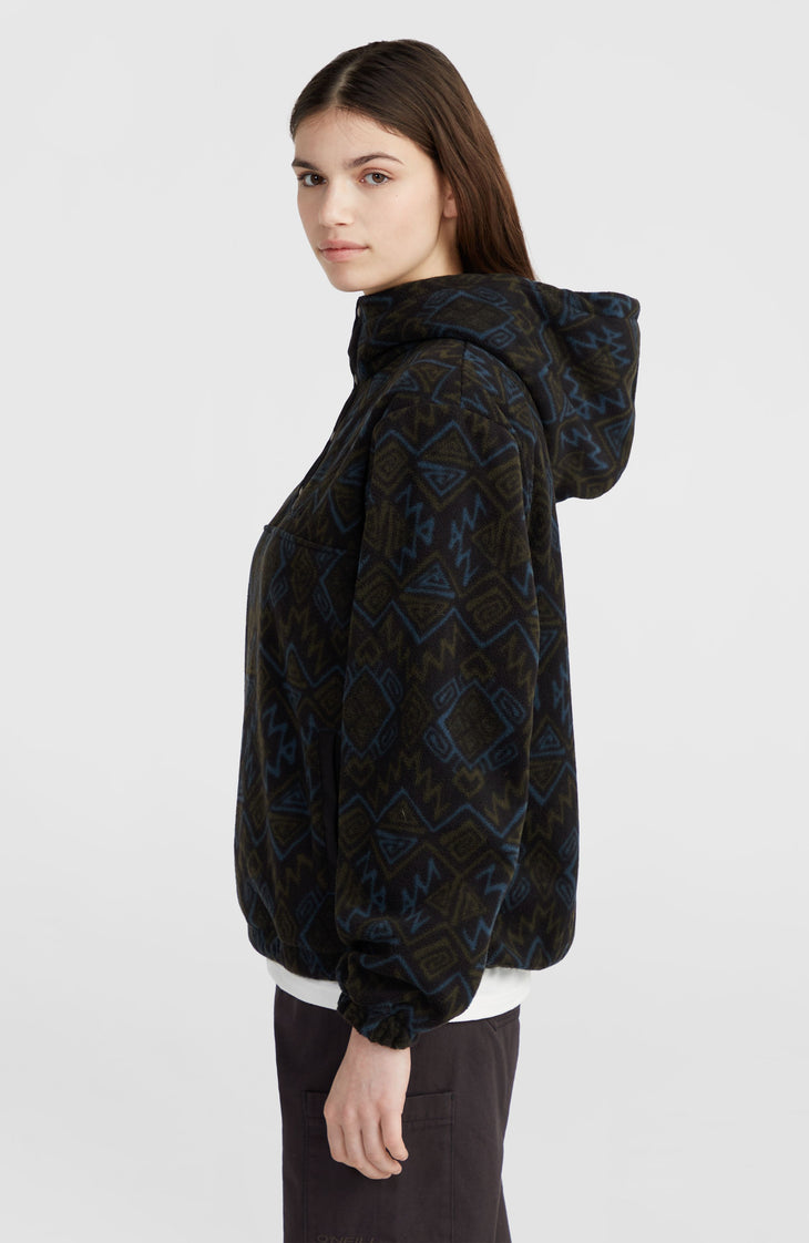 Superfleece Hoodie mit Halbreißverschluss | Black Retro Ikat