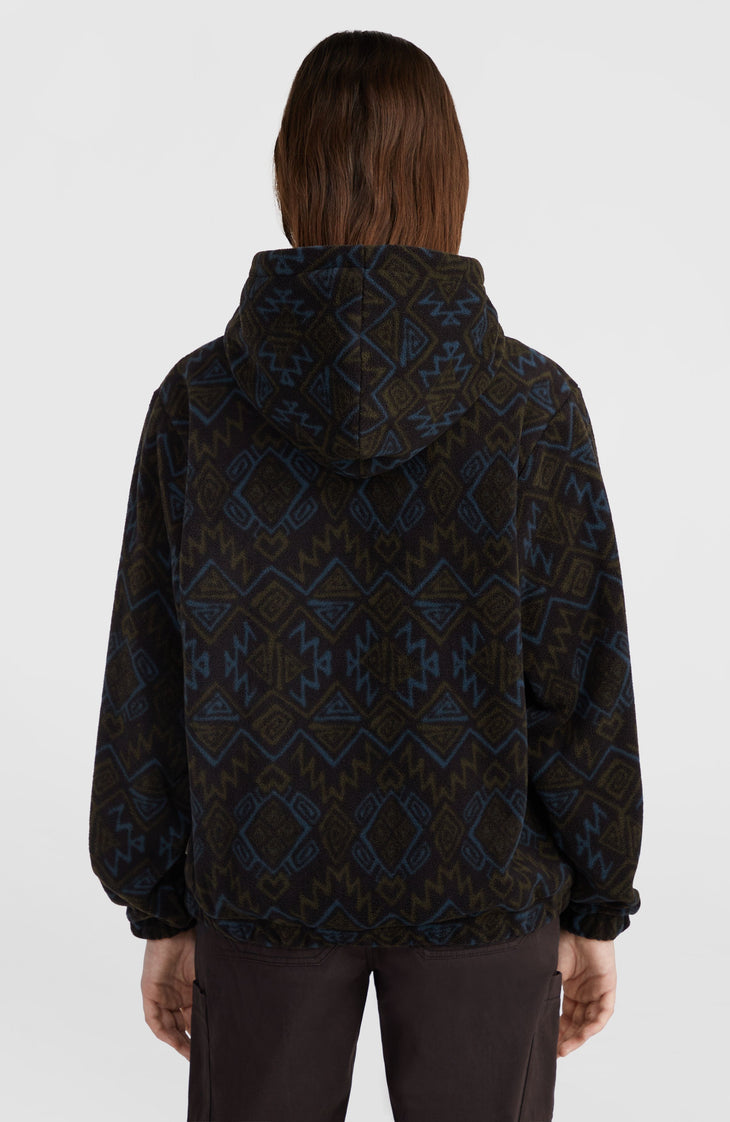 Superfleece Hoodie mit Halbreißverschluss | Black Retro Ikat