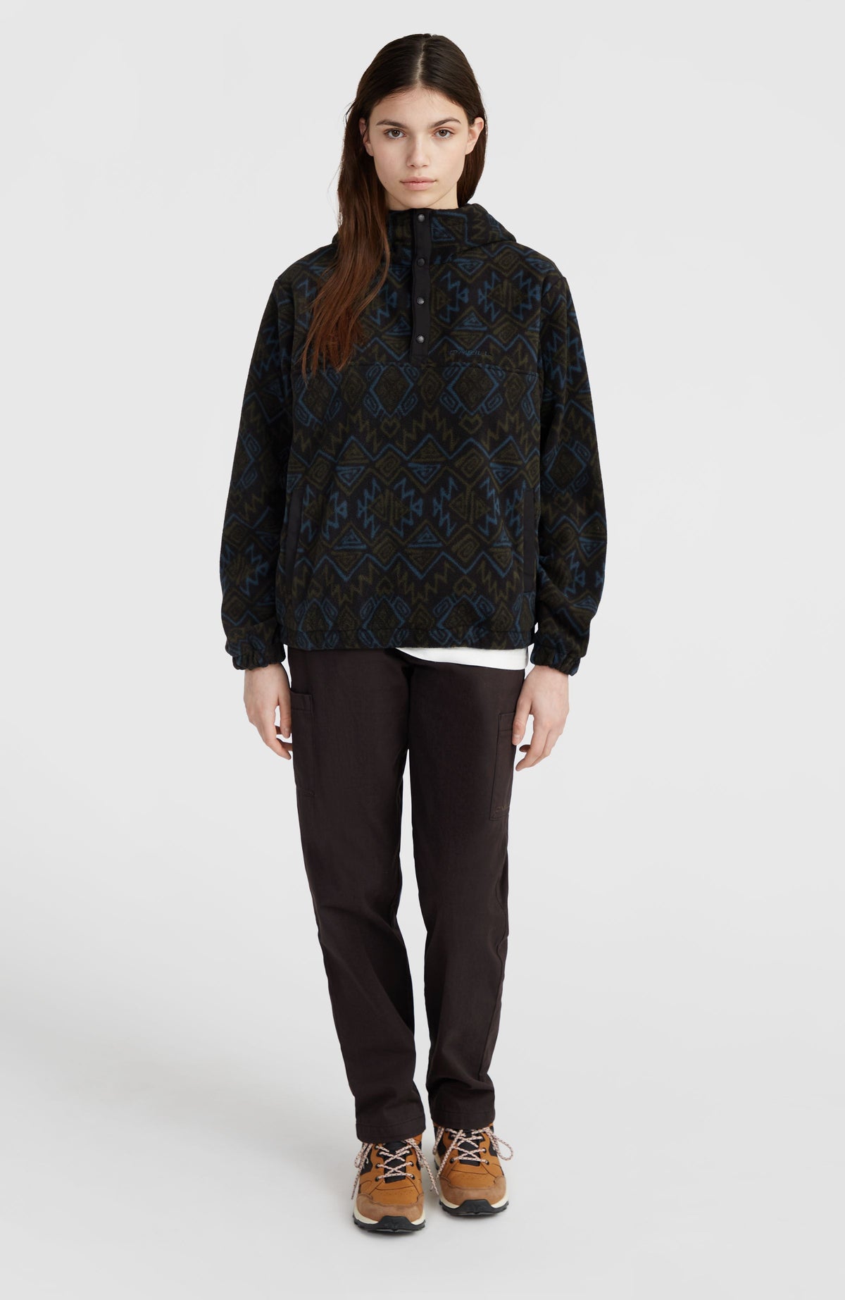 Superfleece Hoodie mit Halbreißverschluss | Black Retro Ikat