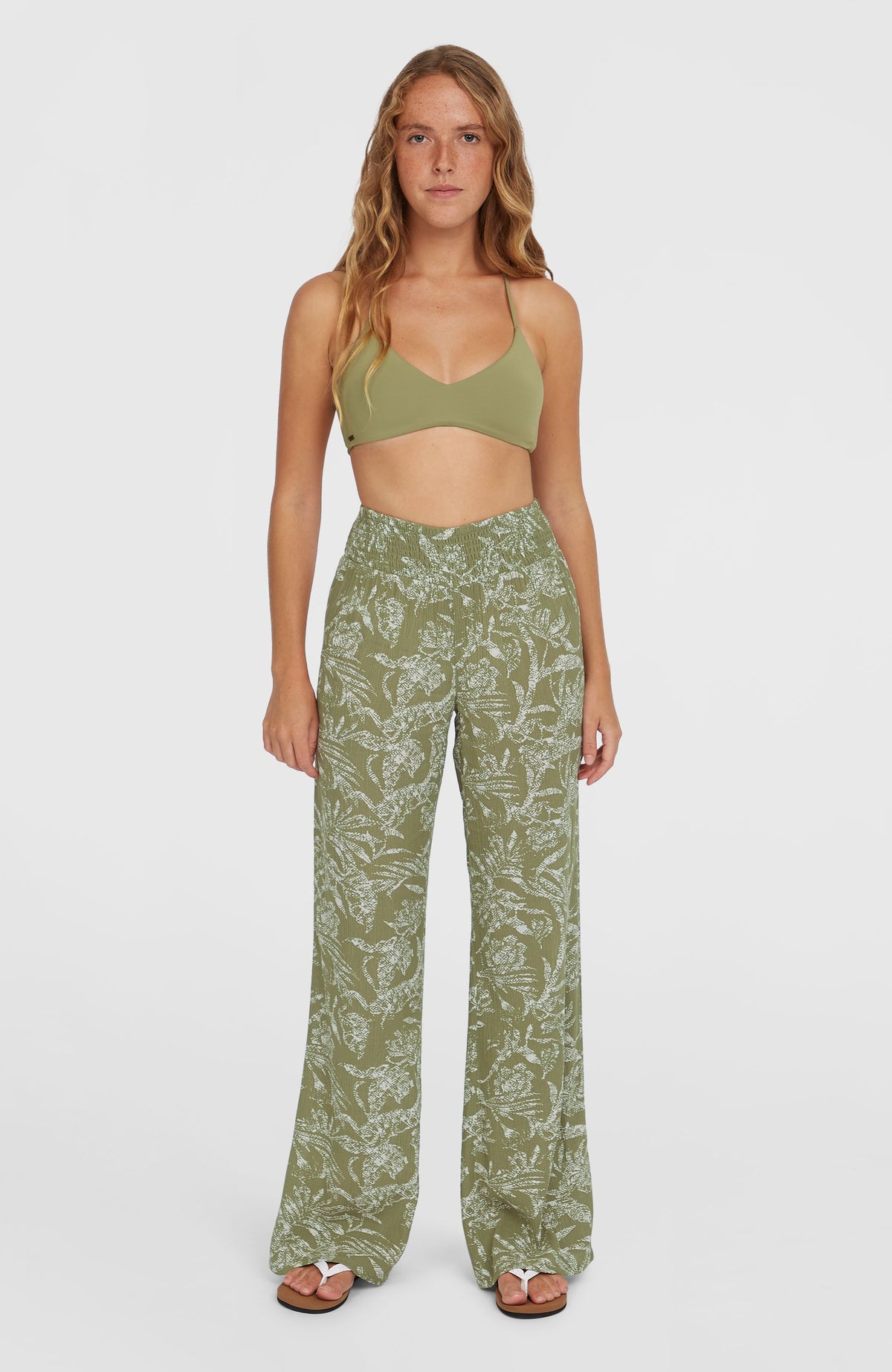 Johnny Smocked Waist Hose | Green Textured Jungle