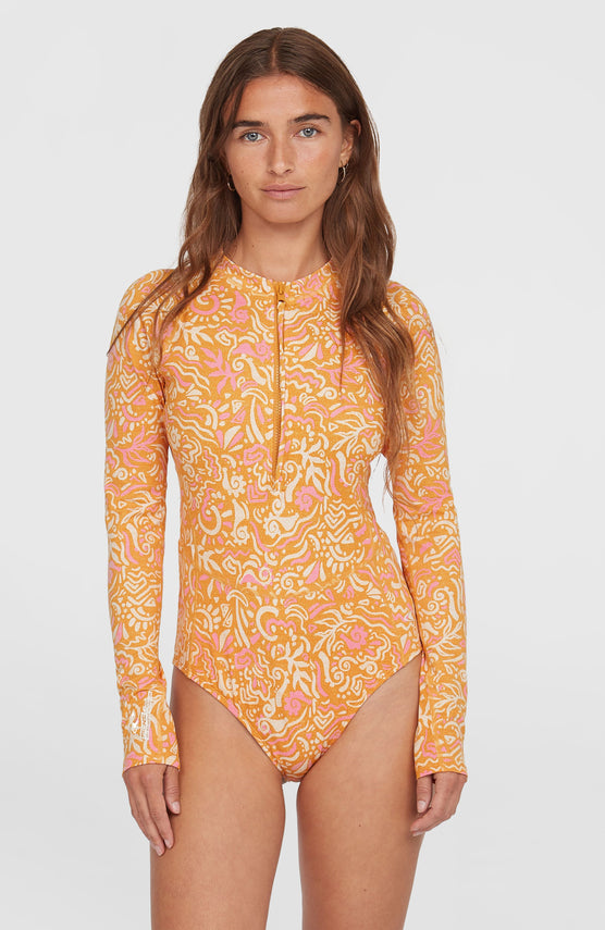 Women of the Wave Longsleeve-Badeanzug | Orange Abstract Wave