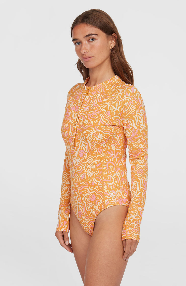 Women of the Wave Longsleeve-Badeanzug | Orange Abstract Wave