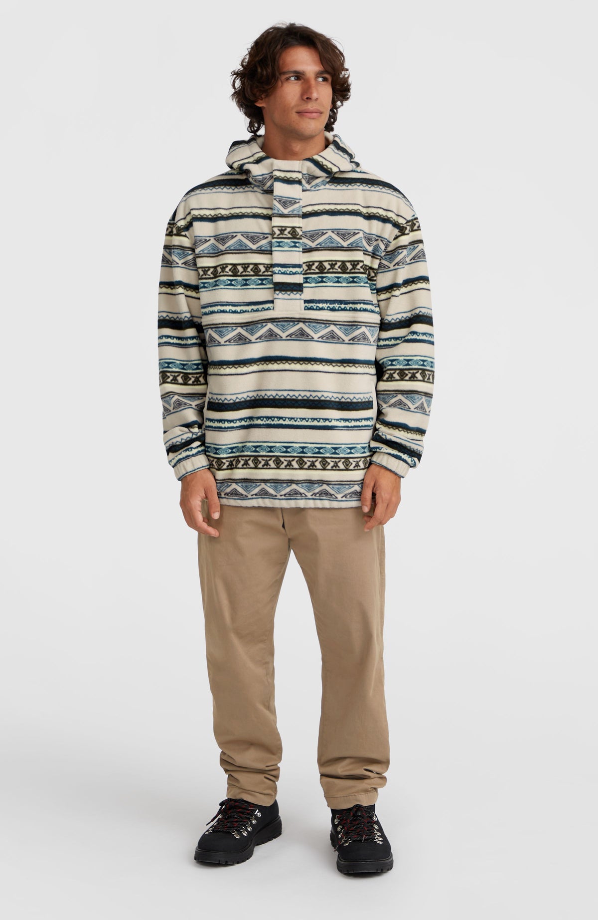 Superfleece Hoodie mit Halbreißverschluss | Grey Ikat Stripe