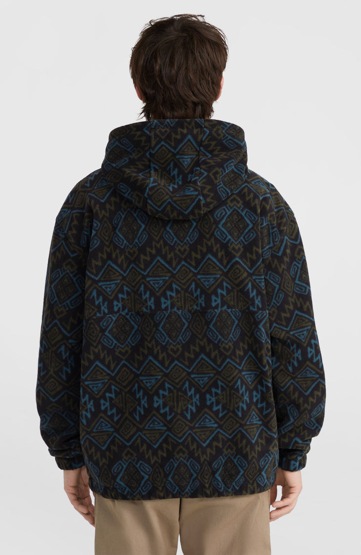 Superfleece Hoodie mit Halbreißverschluss | Black Retro Ikat