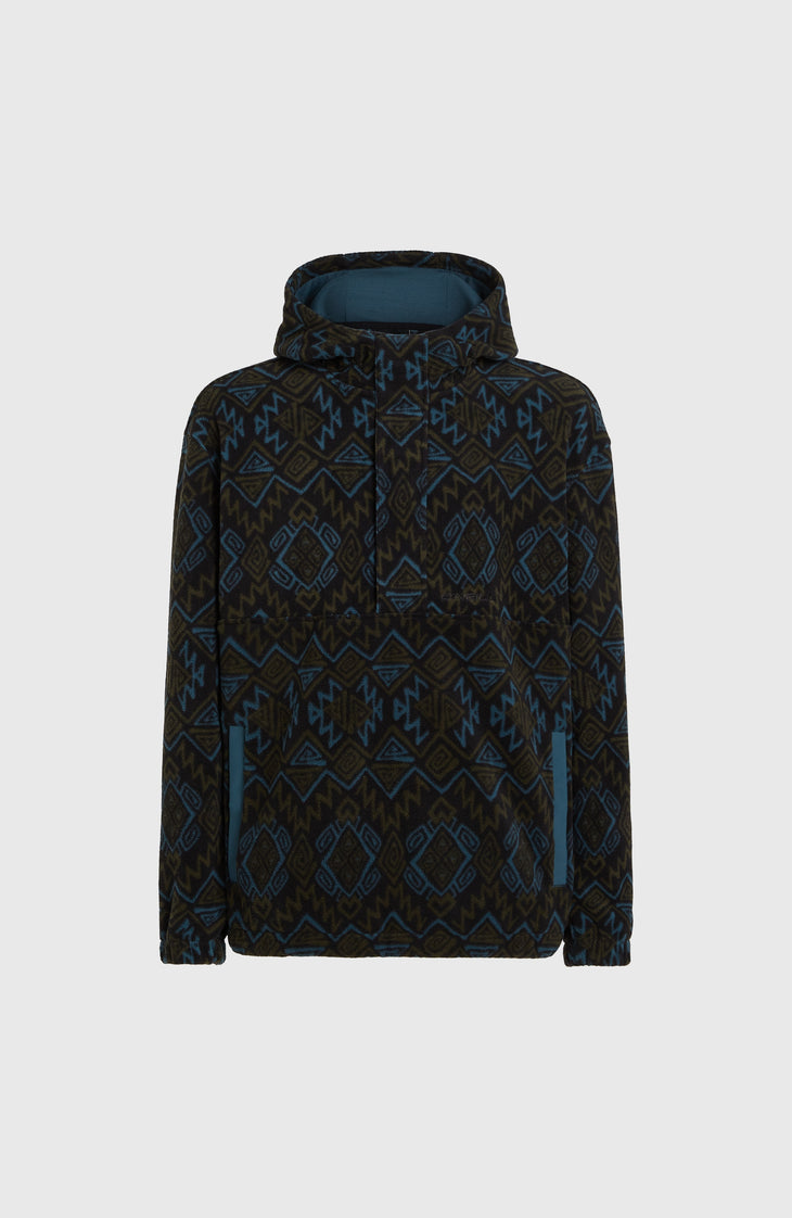 Superfleece Hoodie mit Halbreißverschluss | Black Retro Ikat