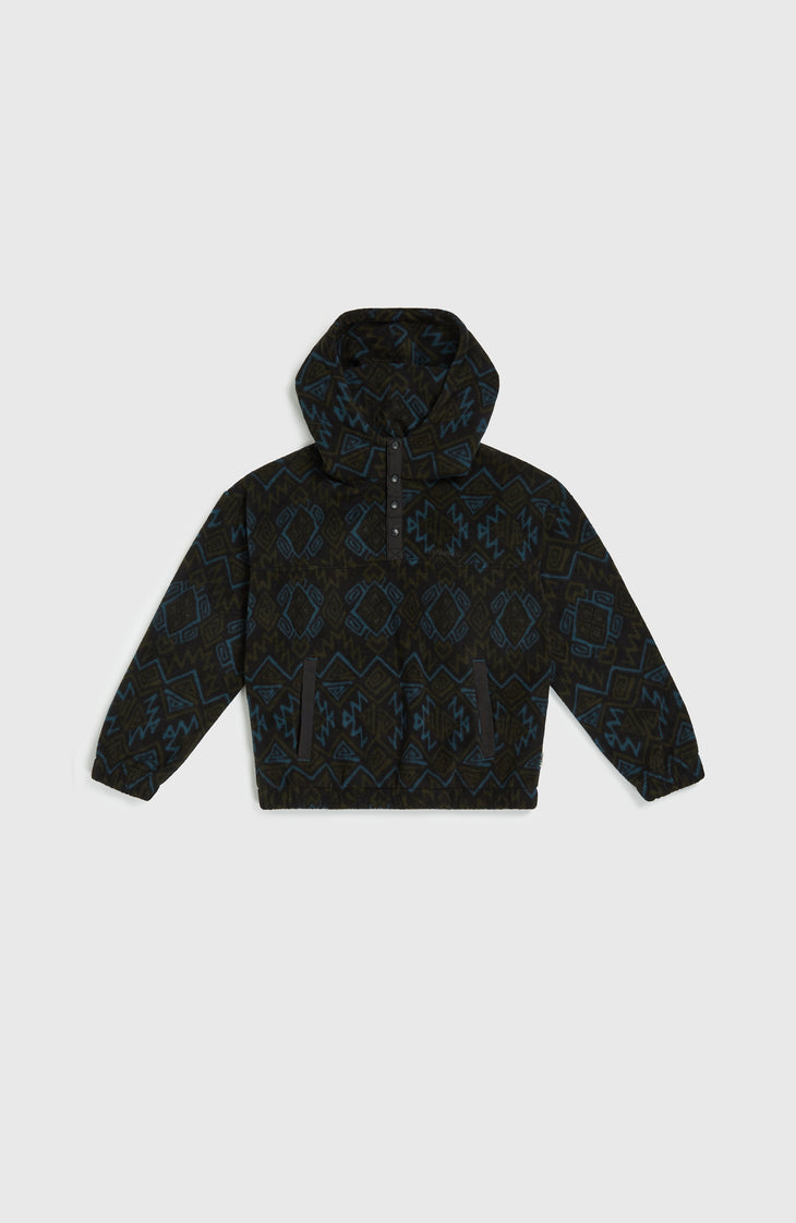 Superfleece Hoodie mit Halbreißverschluss | Black Retro Ikat