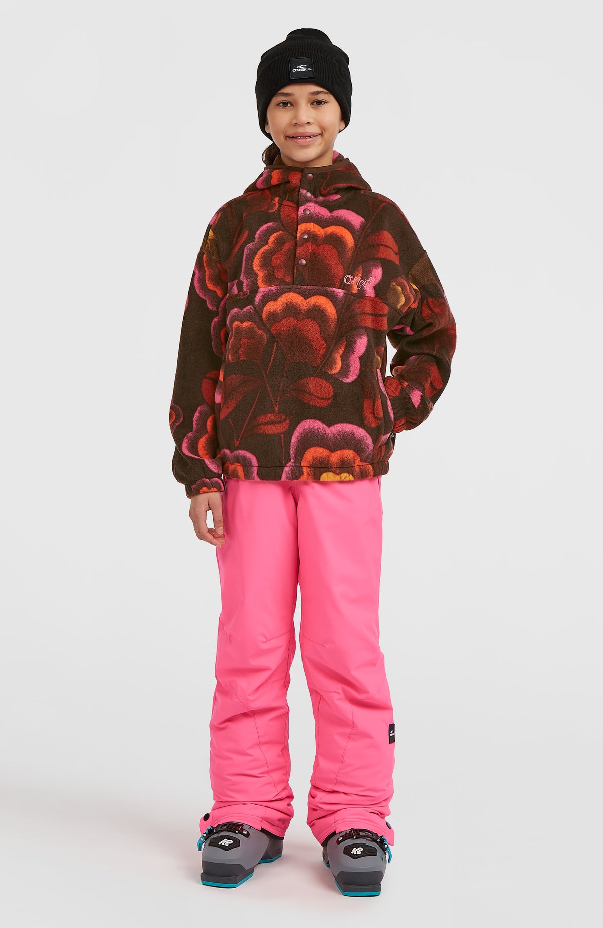 Superfleece Hoodie mit Halbreißverschluss | Brown Originals Flower